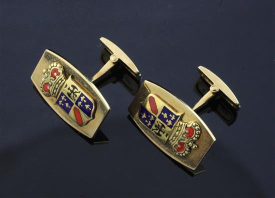 A pair of 18ct gold tonneau shaped cufflinks with two-colour enamel family crest appliques,,